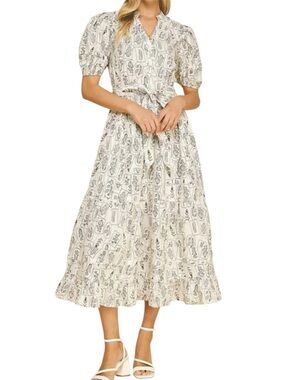 Pinch Cream Midi Dress Botanical Print Women's Small